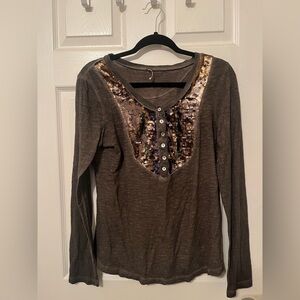 Free People Large Brown Tiger Eye Sequin Long Sleeve Top